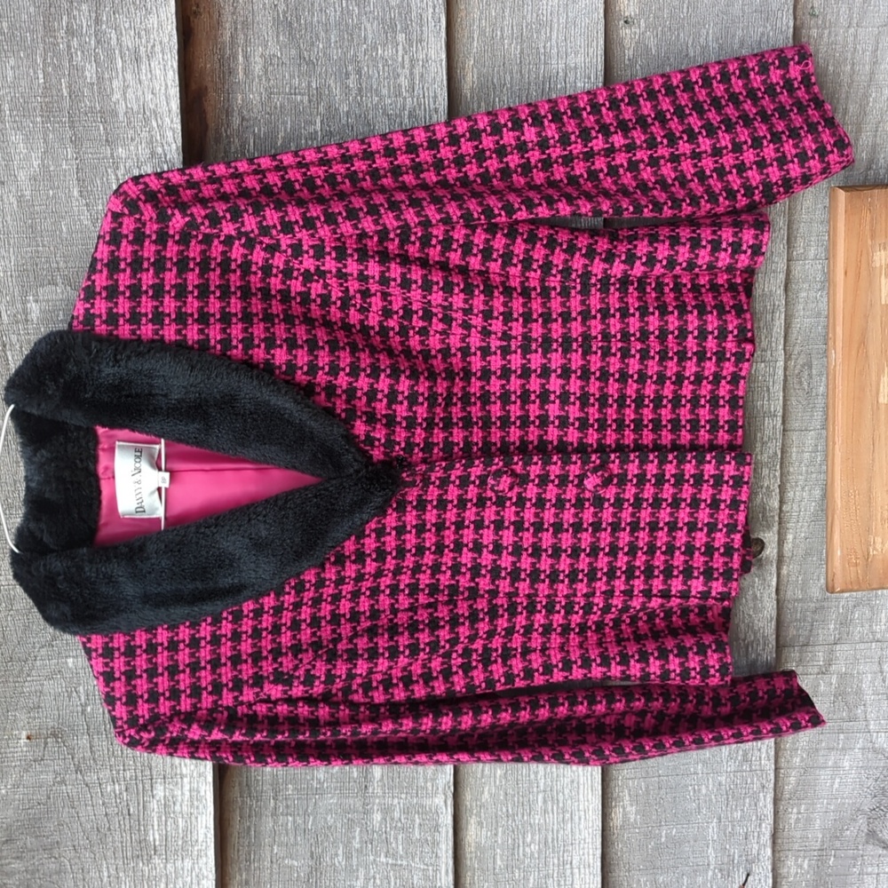 Houndstooth Blazer Danny & Nicole Hot Pink Fuscia Cropped Black Faux Fur Trim 8P